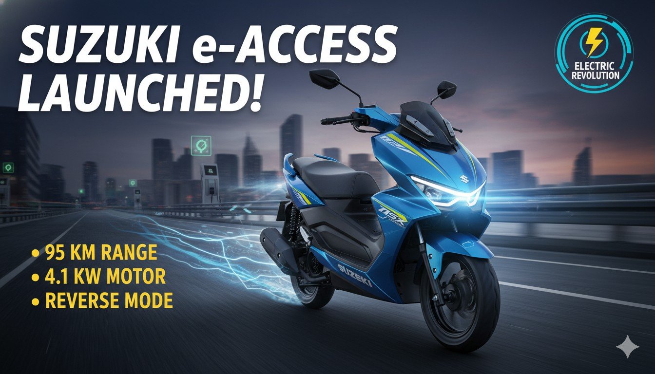Suzuki e-Access इलेक्ट्रिक स्कूटर का फ्रंट प्रोफाइल, नीले रंग में LED हेडलैंप के साथ।
