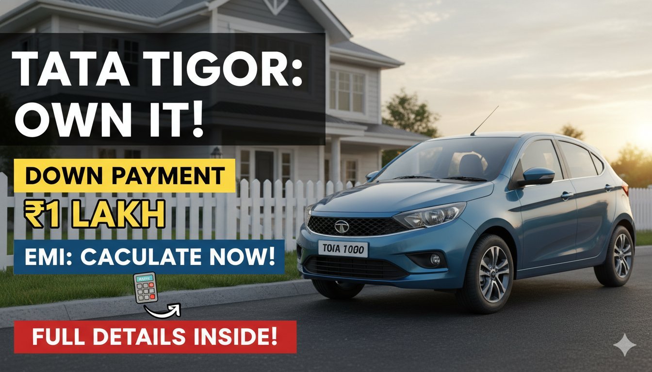 Tata Tigor XM बेस वेरिएंट की साइड प्रोफाइल इमेज, सफेद रंग में पार्क की गई कार।