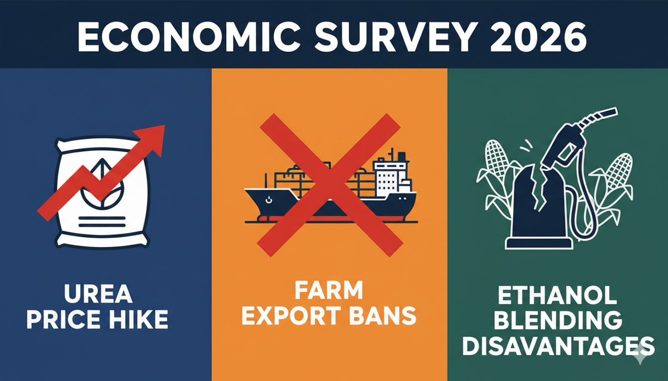 इकोनॉमिक सर्वे 2026 दस्तावेज के साथ कृषि क्षेत्र की छवि, जिसमें यूरिया बैग, निर्यात कंटेनर और इथेनॉल प्लांट दिखाई दे रहे हैं।