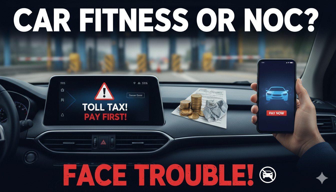 कार टोल प्लाजा पर रुकी हुई, नए वाहन नियम दर्शाते हुए