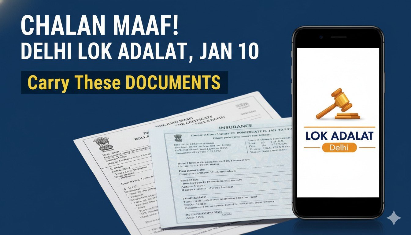 दिल्ली में लोक अदालत सत्र के दौरान लोग चालान दस्तावेज जमा करते हुए