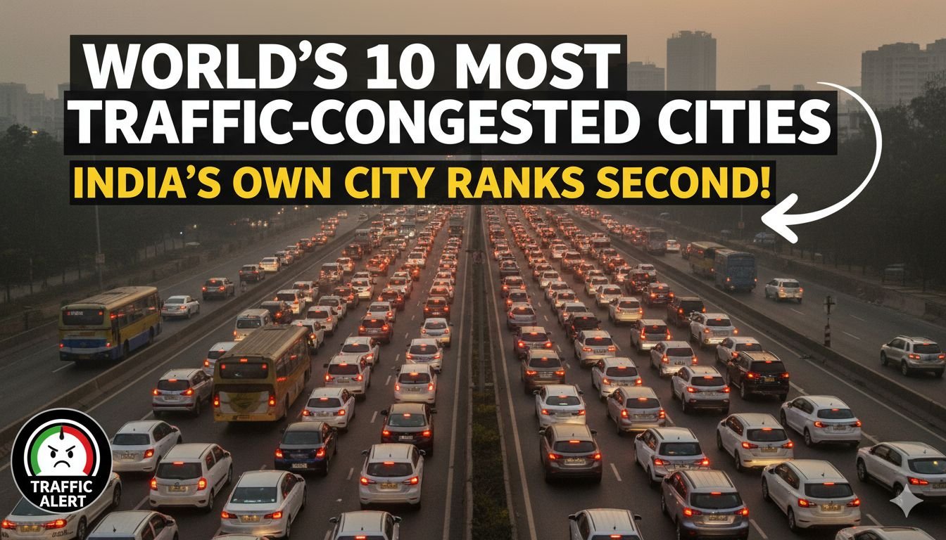 बेंगलुरु में भारी ट्रैफिक जाम की तस्वीर, जहां कारें और बाइक्स घंटों फंसी रहती हैं।