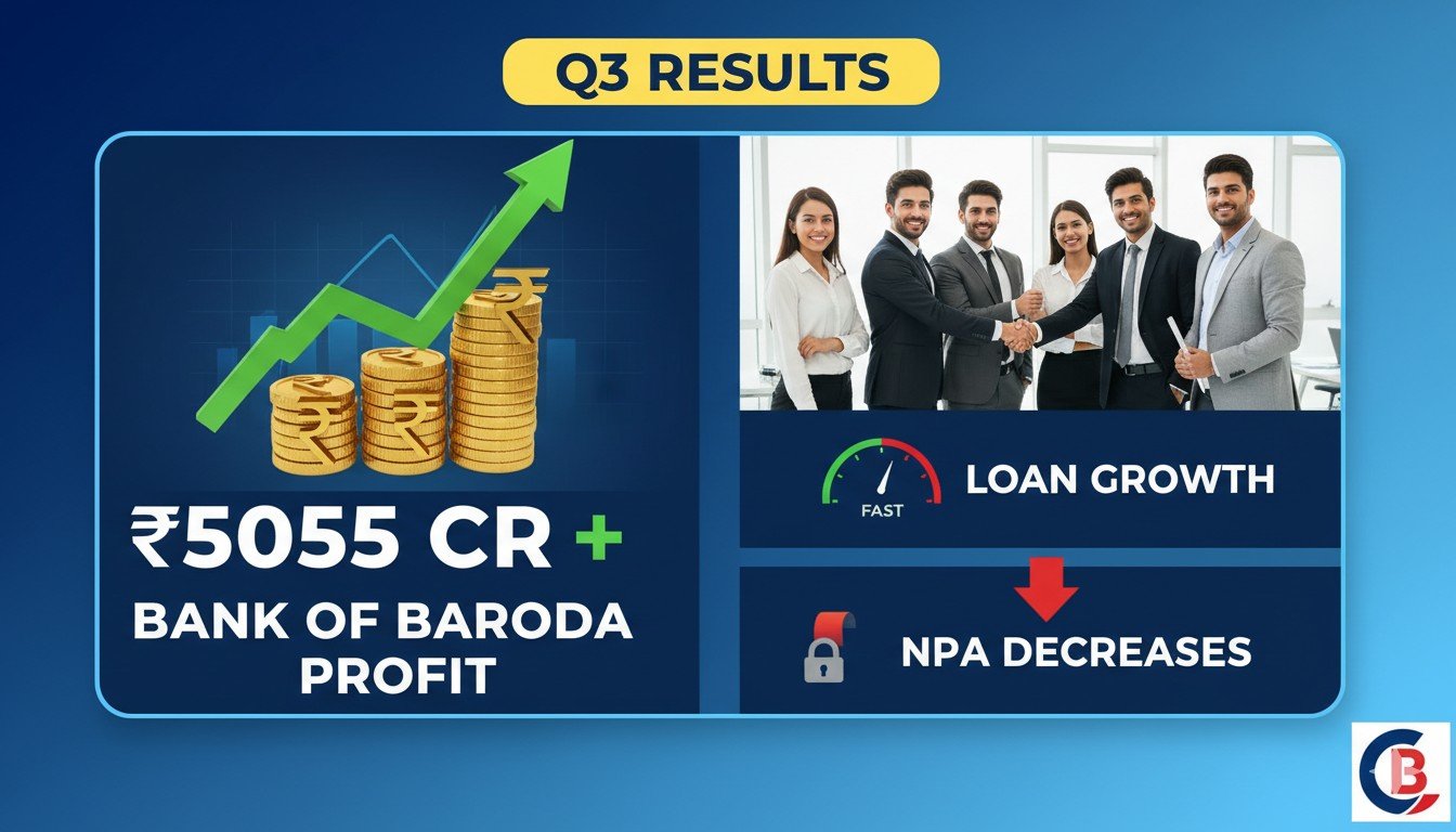 बैंक ऑफ बड़ौदा के Q3 FY26 वित्तीय नतीजों का ग्राफ दिखाता हुआ चार्ट जिसमें मुनाफा और NPA सुधार हाइलाइटेड है