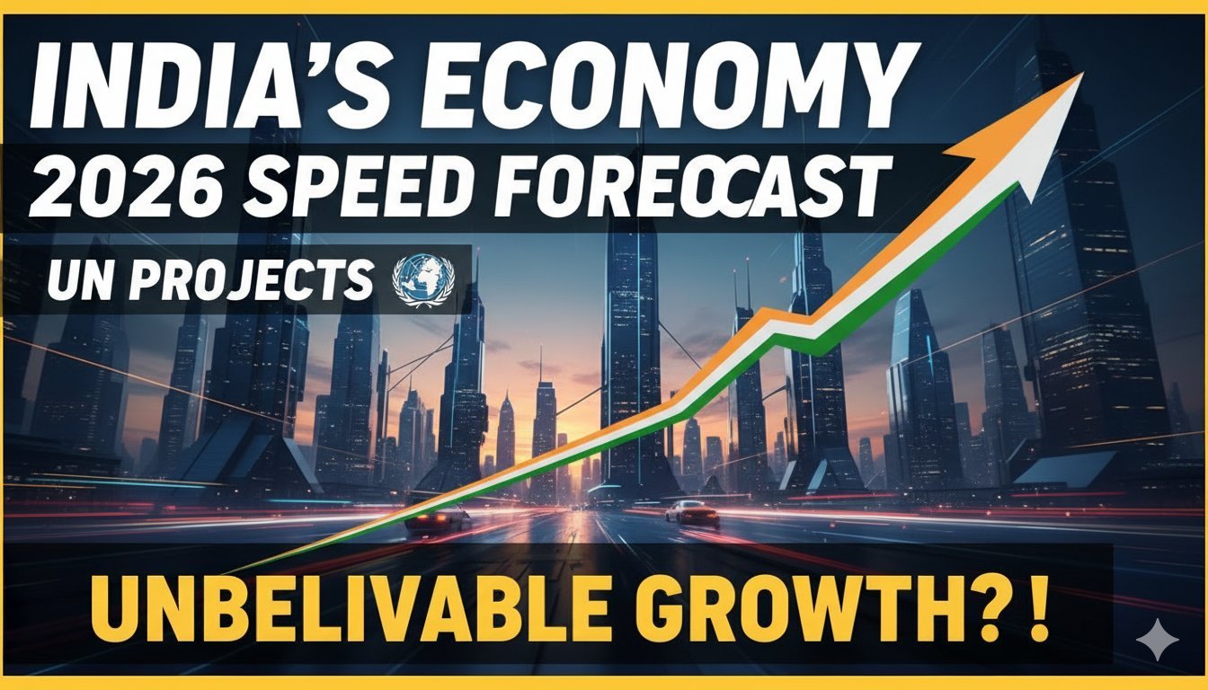 भारत की अर्थव्यवस्था का ग्राफिकल प्रतिनिधित्व दिखाता हुआ इमेज, जिसमें 2026 की GDP विकास दर का अनुमान दर्शाया गया है।