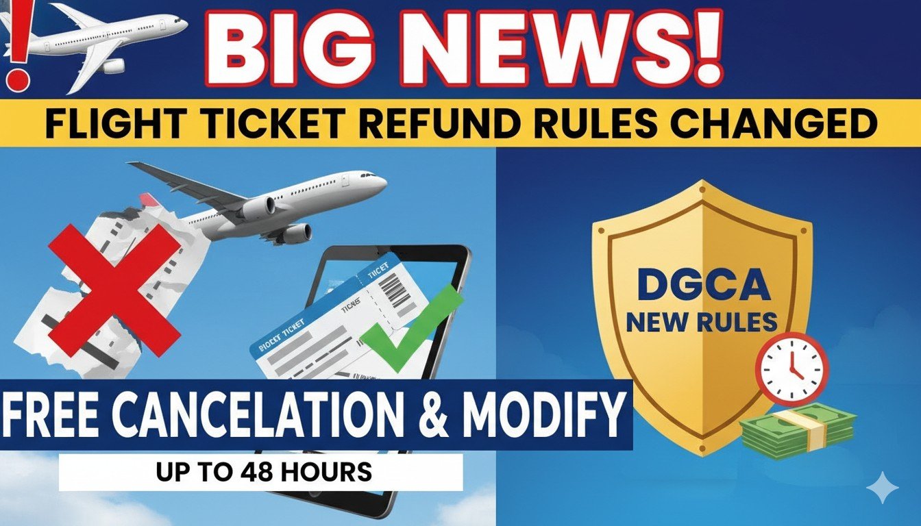 DGCA के नए नियमों के तहत 48 घंटे में फ्री फ्लाइट टिकट कैंसिलेशन और मॉडिफिकेशन की सुविधा दिखाती इमेज