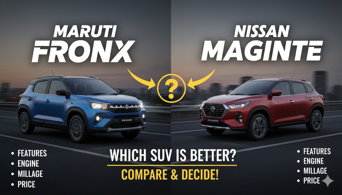 Maruti Fronx and Nissan Magnite compact SUVs side by side comparison in white and black color for features engine mileage price