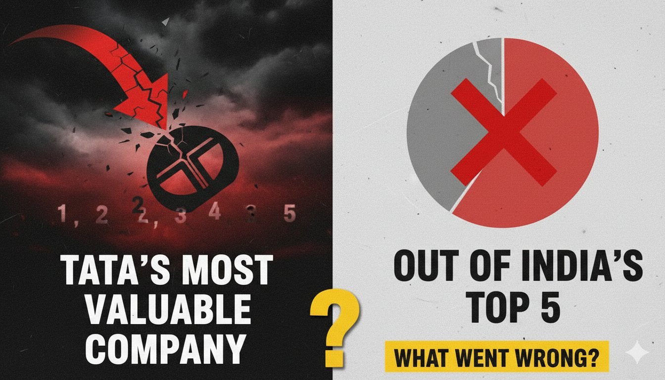 TCS लोगो के साथ गिरते शेयर चार्ट और टॉप 5 कंपनियों की रैंकिंग दिखाती इमेज, भारत स्टॉक मार्केट में बदलाव