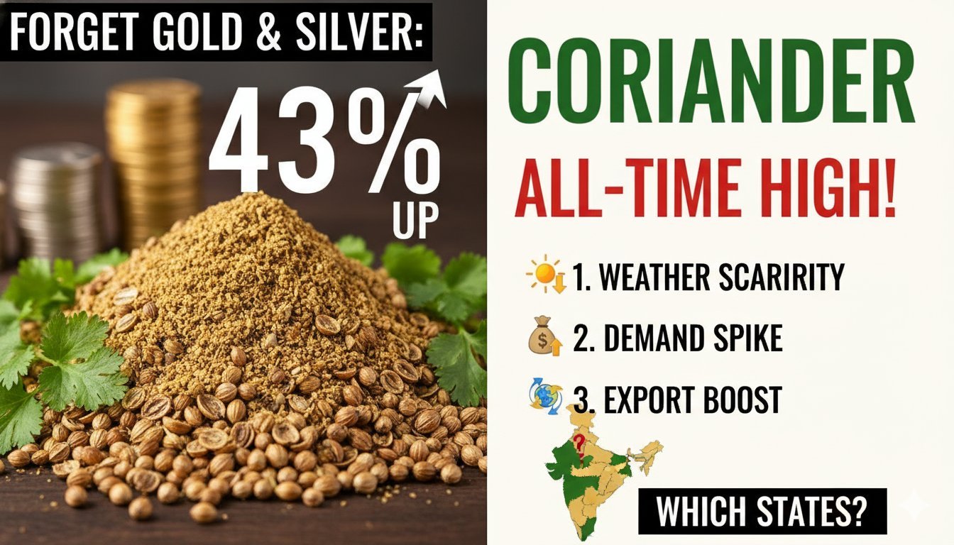 Alt Text for featured image धनिया के बीजों की मंडी में ऊंचे भाव, ऑलटाइम हाई पर पहुंची कीमतें