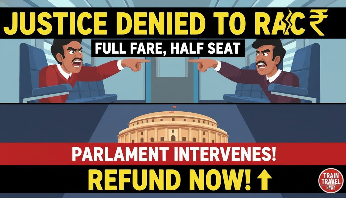 भारतीय रेलवे में आरएसी बर्थ पर यात्रा करते यात्री और संसद भवन की छवि