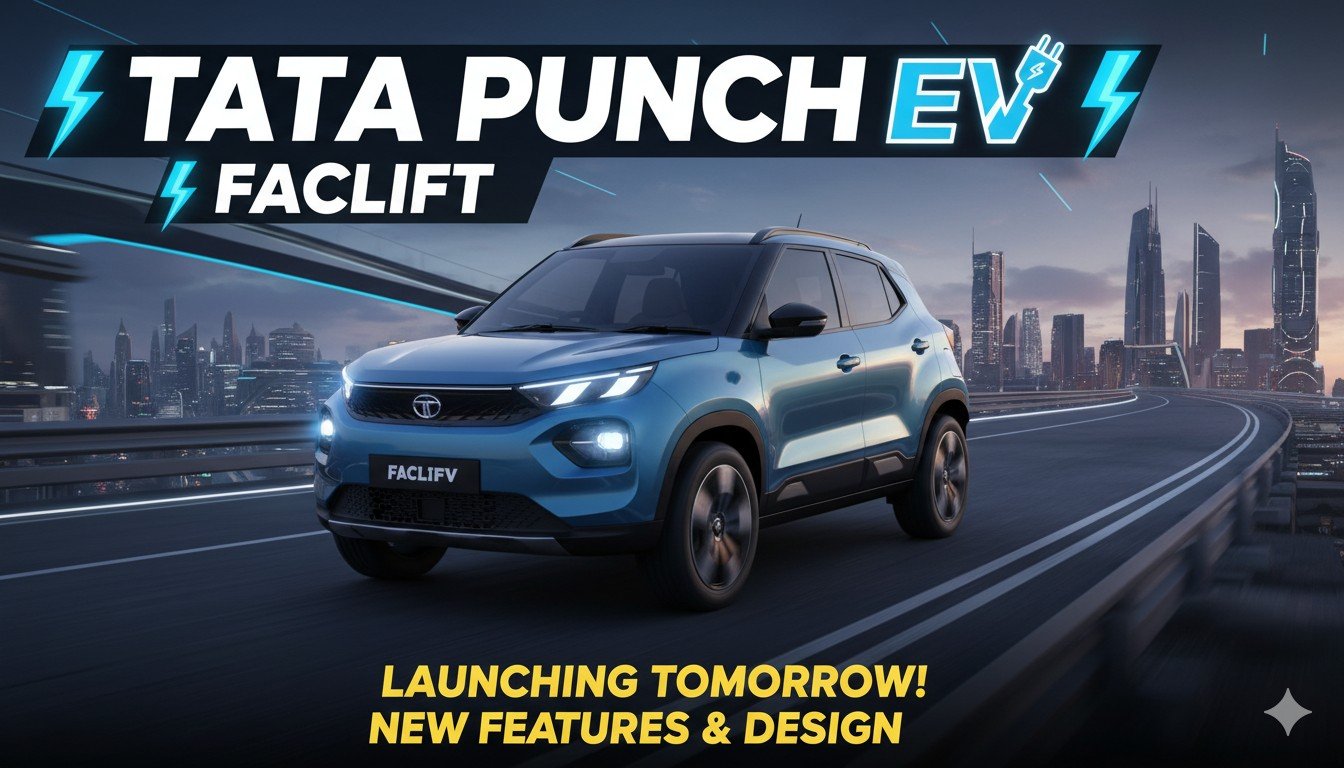 टाटा पंच EV फेसलिफ्ट फ्रंट प्रोफाइल दिखाता हुआ, नए LED DRLs और रीडिजाइन बंपर के साथ