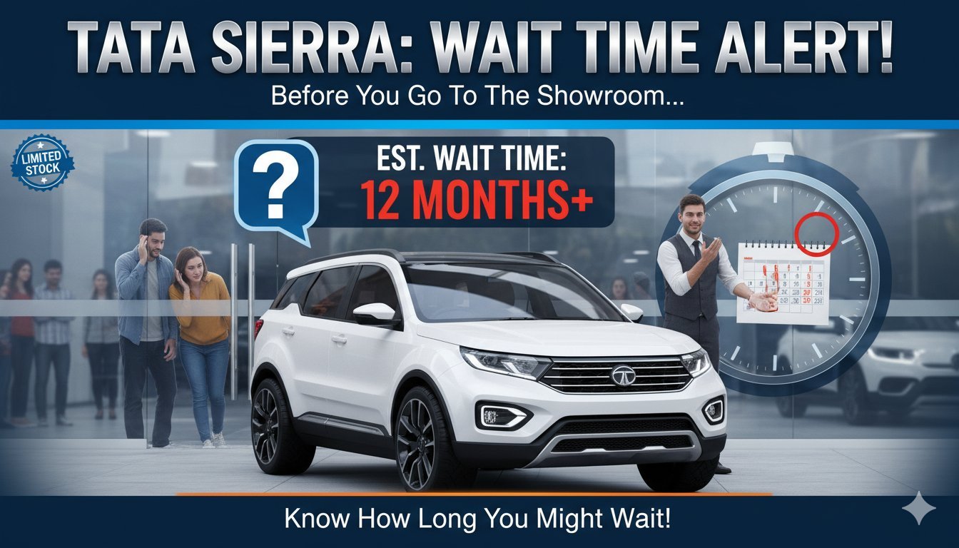 टाटा सिएरा एसयूवी का फ्रंट व्यू दिखाता हुआ इमेज, जिसमें वेटिंग पीरियड की जानकारी हाइलाइट है