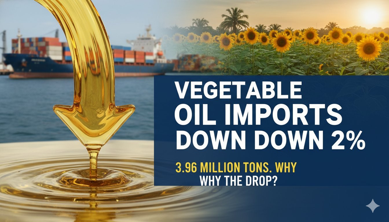 भारत में वनस्पति तेल आयात की गिरावट दिखाते हुए ग्राफ और खाद्य तेल की बोतलें