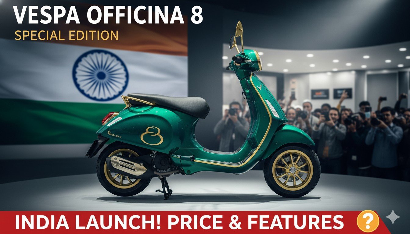 वेस्पा ऑफिसिना 8 स्पेशल एडिशन स्कूटर मैट मेटैलिक ब्लू कलर में फ्रंट व्यू