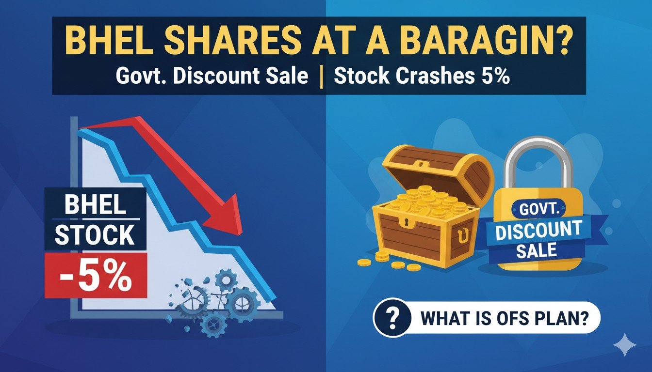 BHEL कंपनी का लोगो और स्टॉक मार्केट ग्राफ दिखाता हुआ इमेज, जिसमें शेयर मूल्य गिरावट और OFS का संकेत है