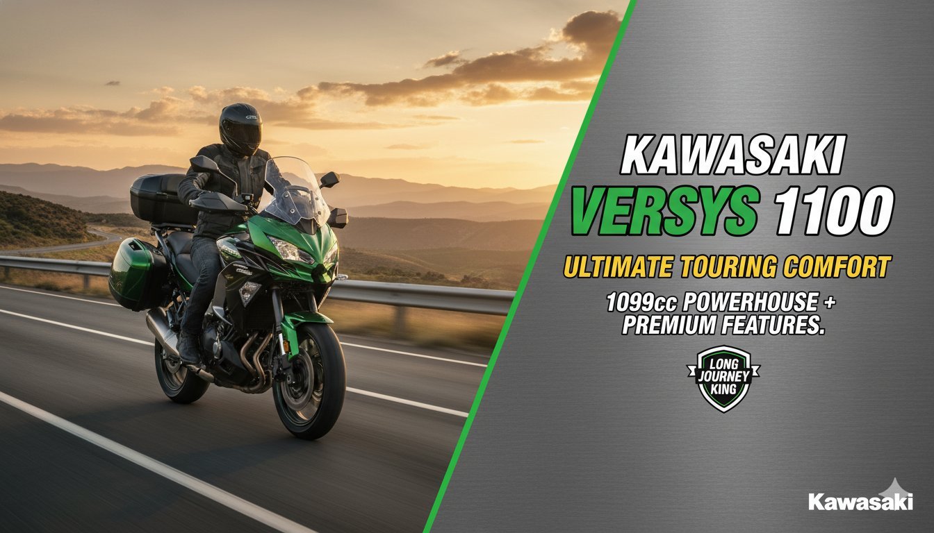 Kawasaki Versys 1100 ग्रे कलर में हाईवे पर राइडिंग करते हुए, लंबे सफर के लिए आरामदायक एडवेंचर टूरर बाइक