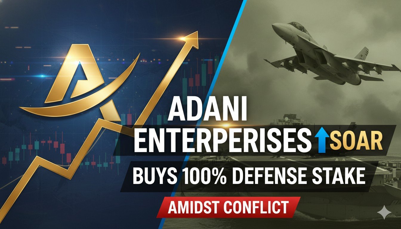 अदाणी एंटरप्राइजेज और डिफेंस अधिग्रहण से जुड़ी ग्राफिक इमेज, शेयर चार्ट के साथ मालनपुर फैसिलिटी