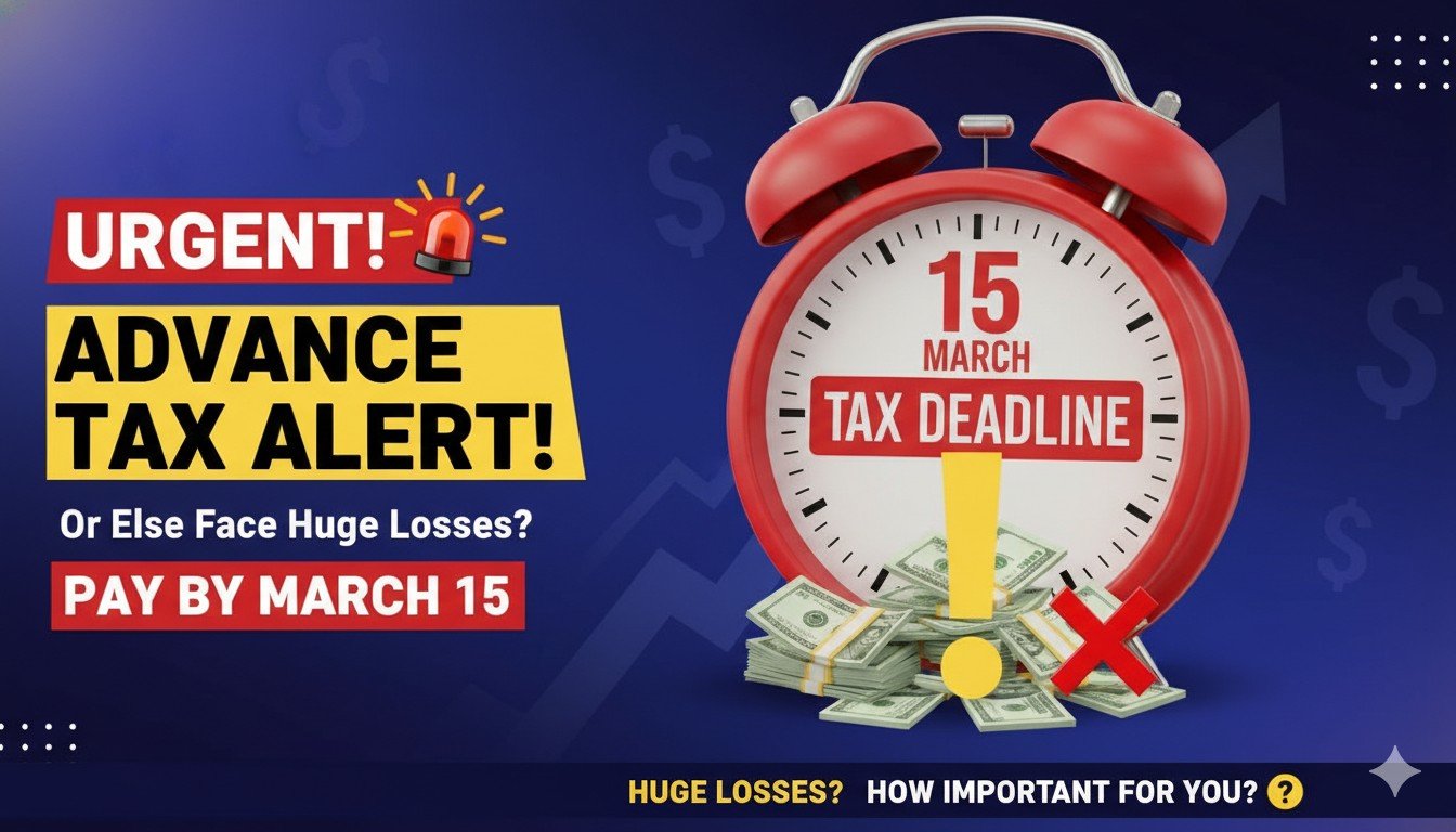 एडवांस टैक्स पेमेंट डेडलाइन 15 मार्च 2026, कैलेंडर पर हाइलाइट की गई तारीख और टैक्स डॉक्यूमेंट्स का ग्राफिक