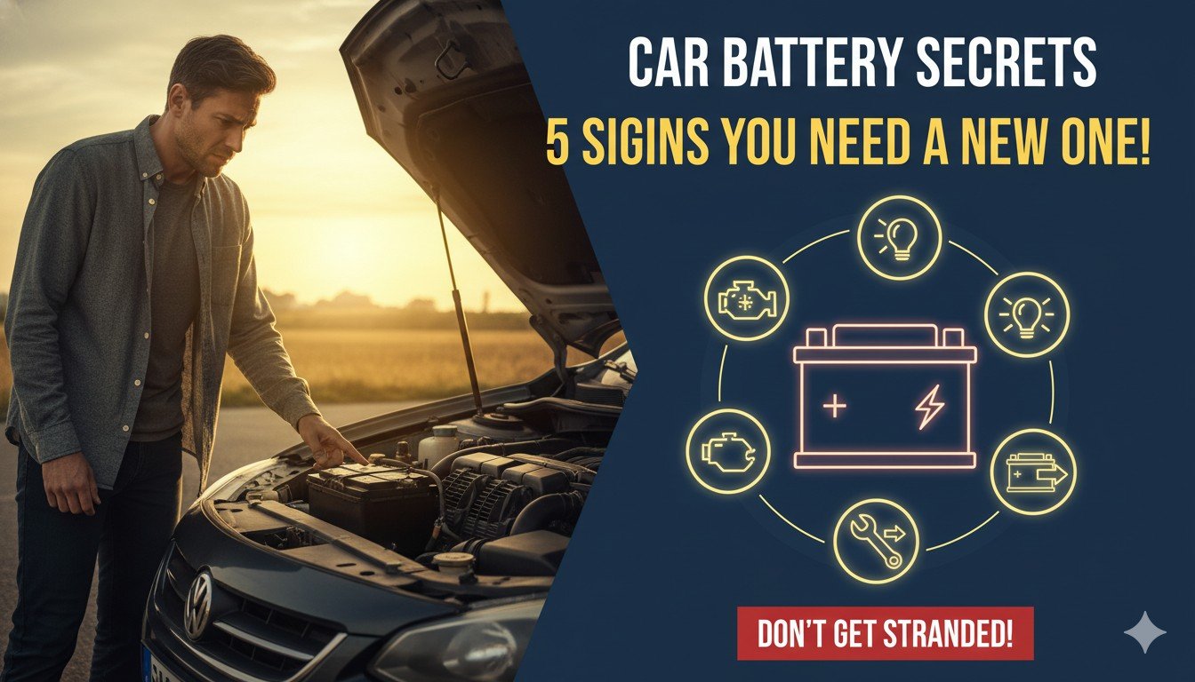 कार की बैटरी के कमजोर होने के संकेत दिखाती इमेज, डैशबोर्ड वार्निंग लाइट और बैटरी चेक