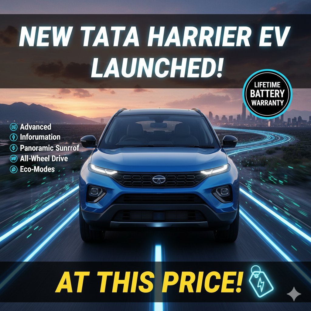 टाटा हैरियर ईवी इलेक्ट्रिक एसयूवी फ्रंट व्यू, लॉन्च के साथ लाइफटाइम बैटरी वारंटी