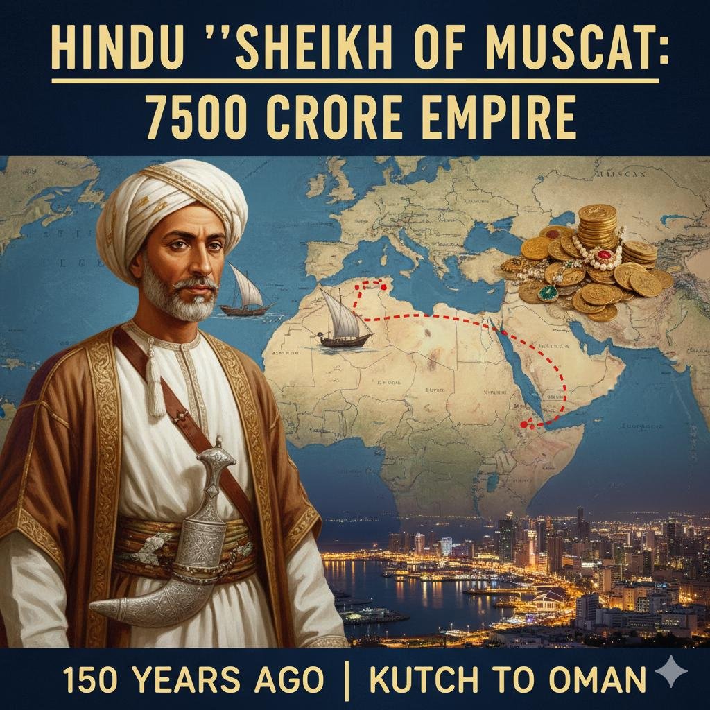 मस्कट में हिंदू शेख कनकसी खिमजी और ओमान के सुल्तान के साथ ऐतिहासिक व्यापारिक संबंध दर्शाती छवि
